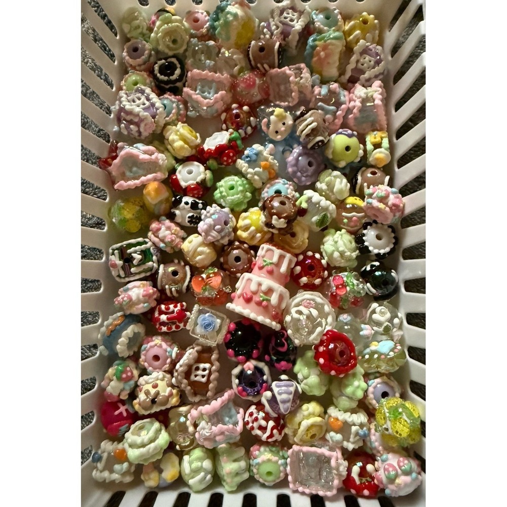 Kawaii Hand Painted Acrylic Bead Lot 105pc Pastel Decoden Dessert Mix